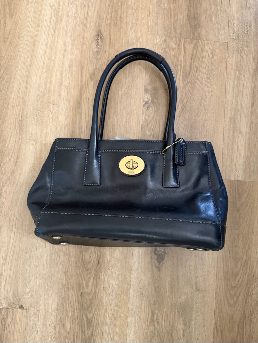 Coach Navy Leather Satchel with Gold Turnlock